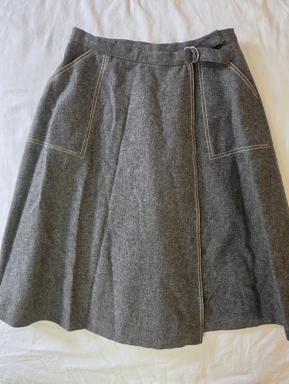 Vintage 70s Beacon Hill 100% Wool True Wrap Midi Skirt Gray 12